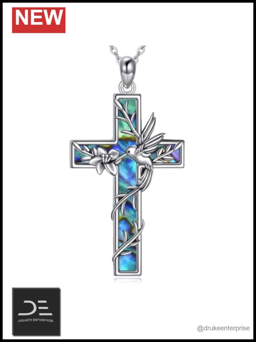 925 Sterling Silver Hummingbird Pendant Necklace with Cross, Abalone Inlay,